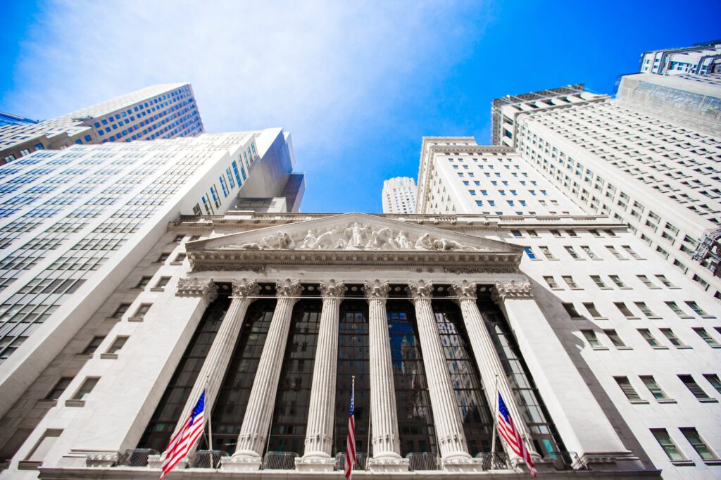 New York Stock Exchange in Manhattan Finance district. View of the building in the sky