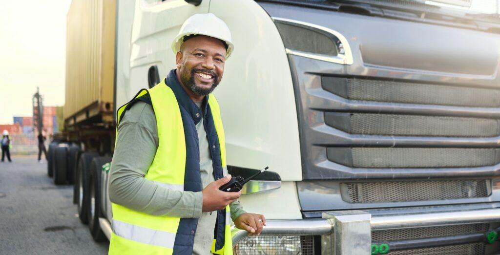 Construction worker in shipping business by delivery truck in shipyard. Black man truck driver with