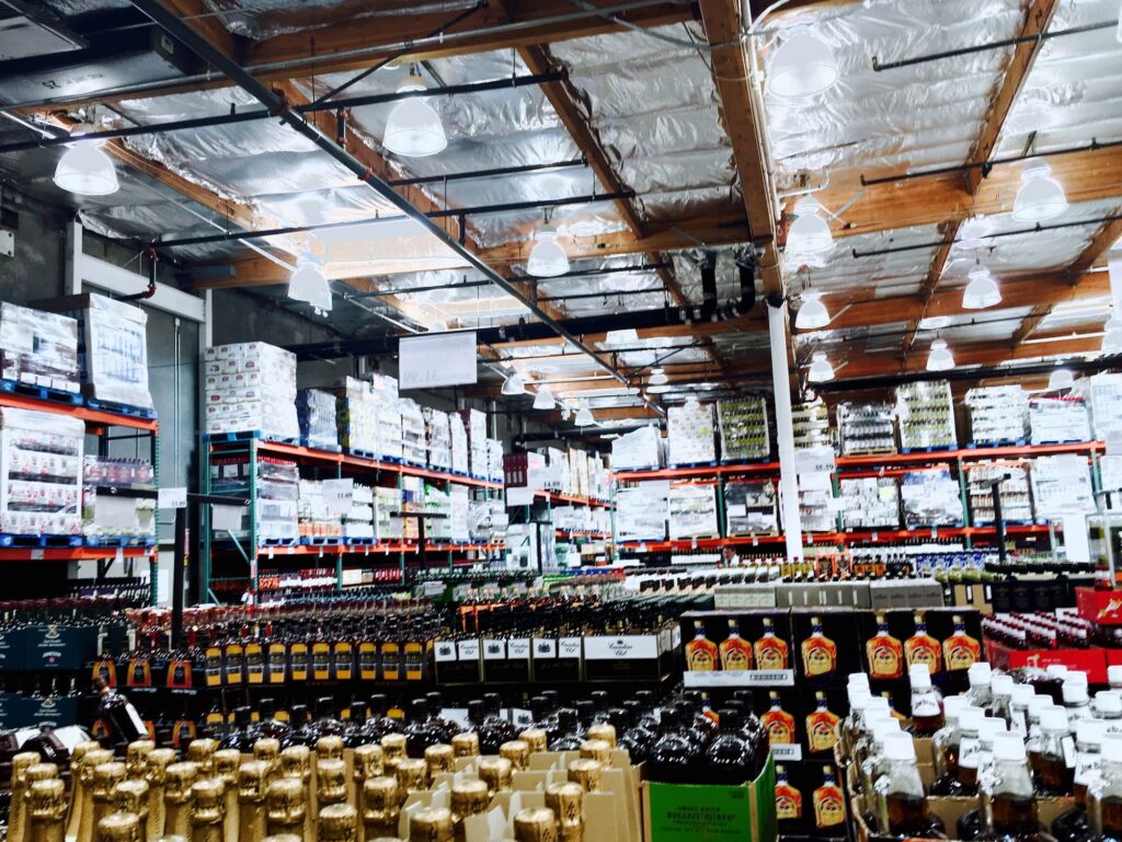 Cases of bottles of liquor for sale in warehouse store